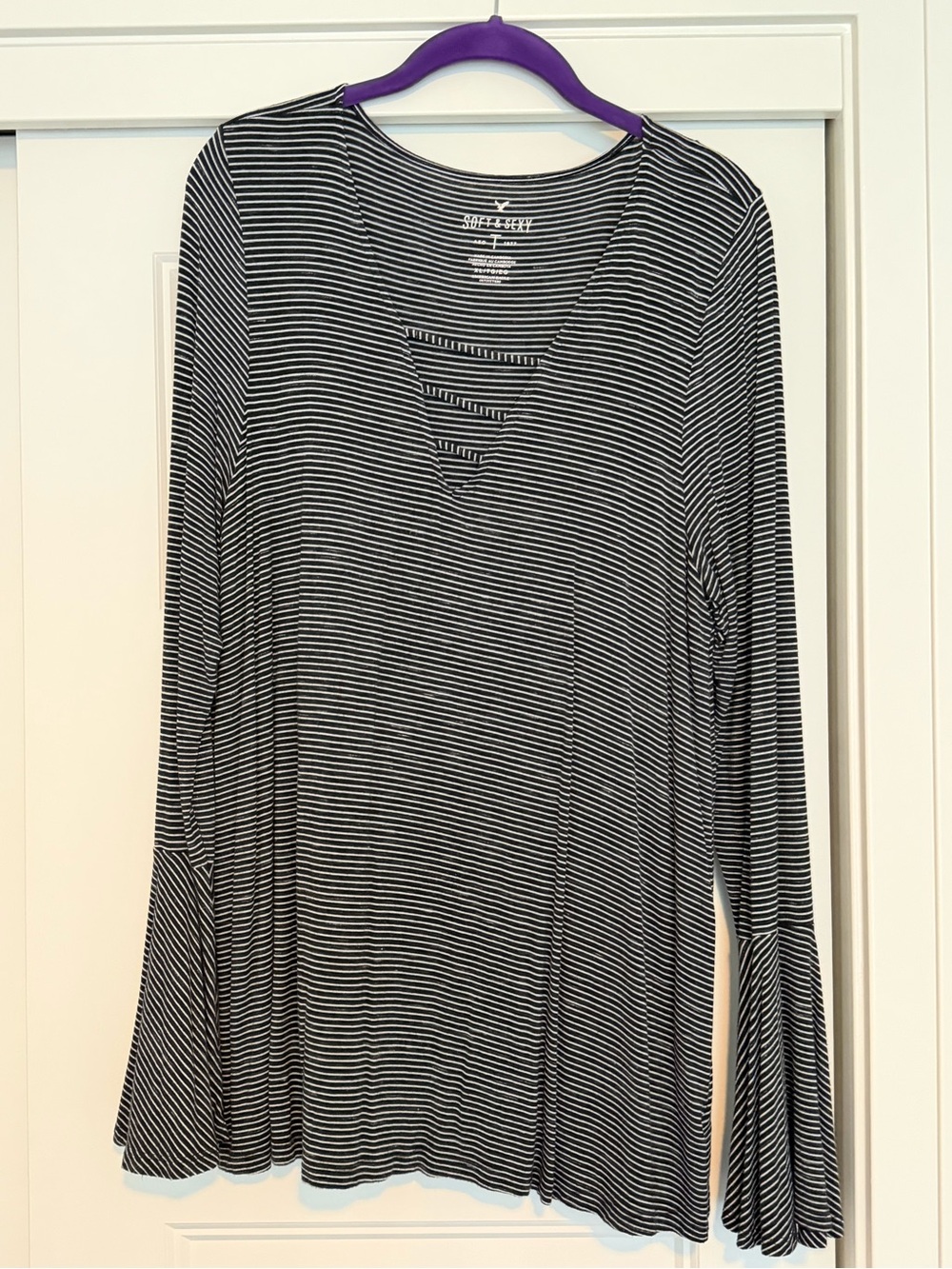 American Eagle Outfitters Black and White Striped Long Belle Sleeve Top